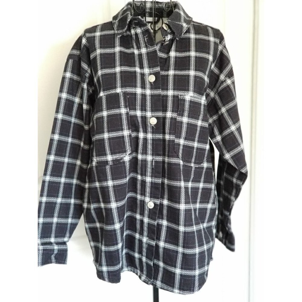 Topshop Heavy Shacket Cotton Blue Plaid Denim Button Front Oversized Womens Sz 4
